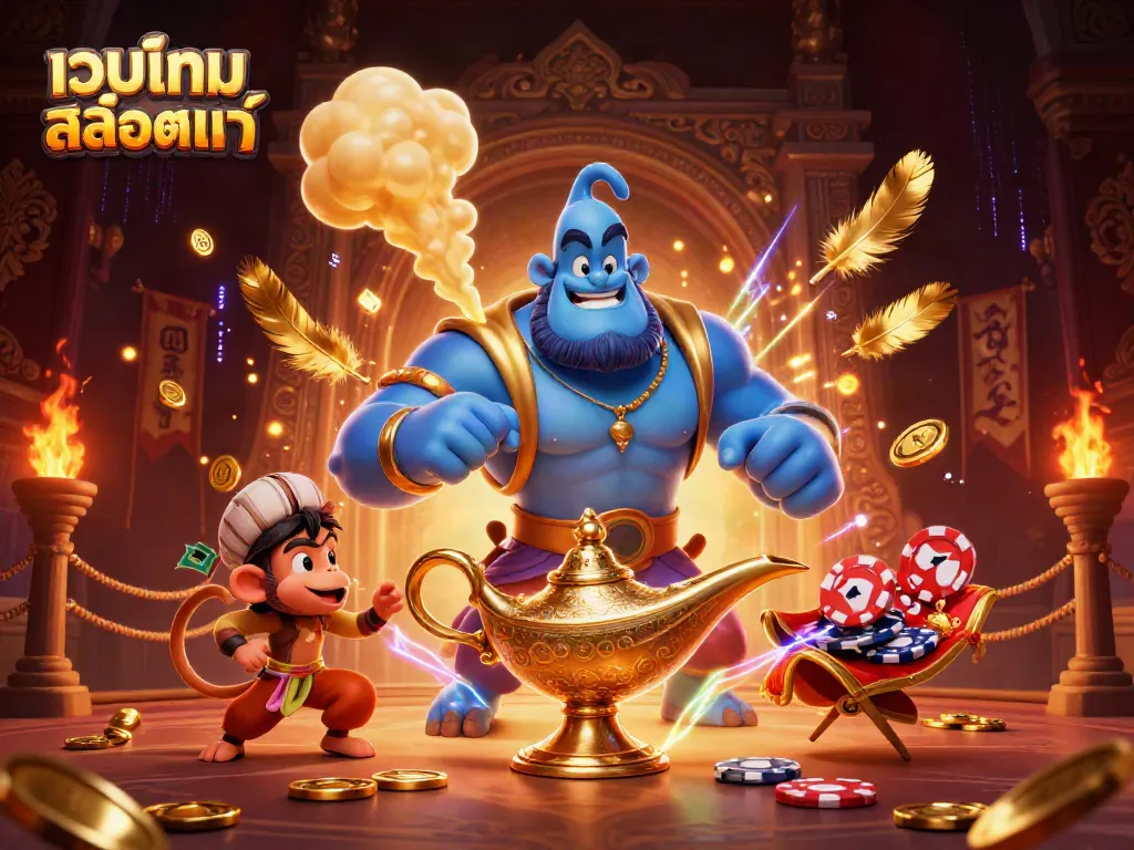 Engage with เว็บเกมสล็อตแท้ featuring a blue genie, Aladdin-style monkey, and magic carpet filled with poker chips.