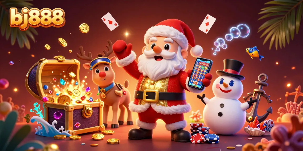 Join the excitement at bj888 as Santa and friends celebrate jackpot slots with vibrant casino elements.