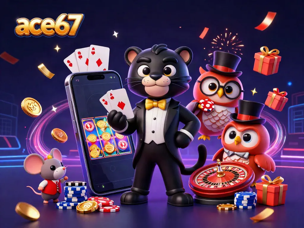 Experience exciting gaming at ace67 with a stylish panther dealer, owl, and lucky mouse among vibrant slot games.