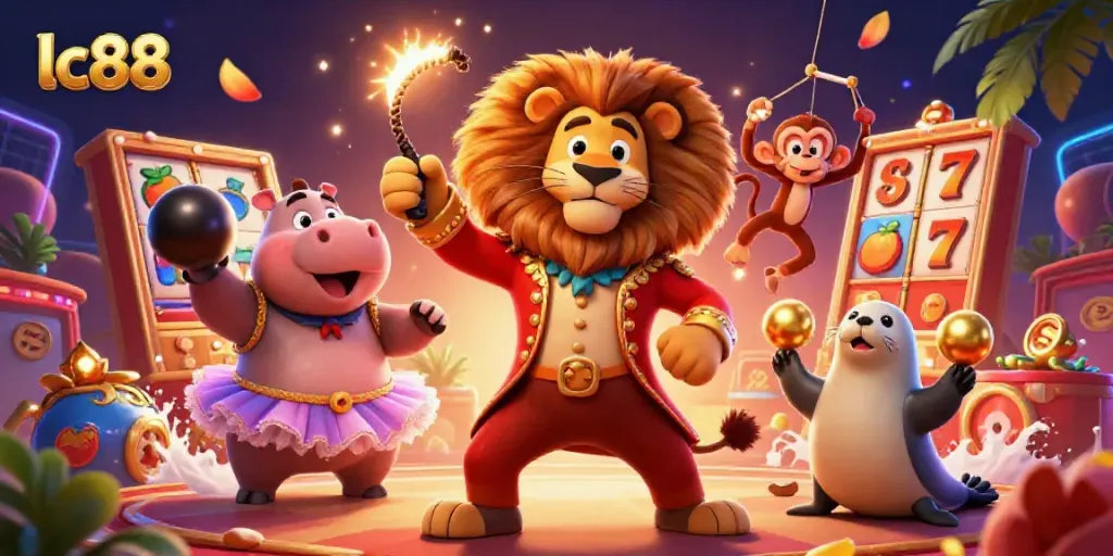 Experience the excitement of lc88 slot gaming with animated circus characters amidst vibrant casino elements.