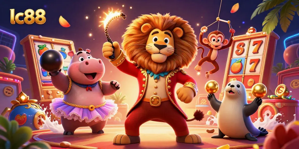 Experience the excitement of lc88 slot gaming with animated circus characters amidst vibrant casino elements.