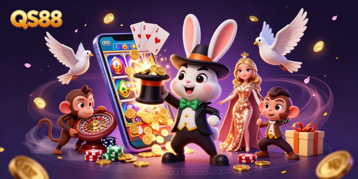 QS88 showcases winning excitement with a magician and fun casino characters in dynamic illustration