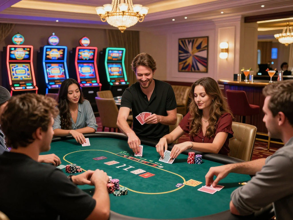 Scena di un casinò elegante con i migliori casino non AAMS, giocatori entusiasti al tavolo da poker, dealer sorridente e atmosfere vivaci.