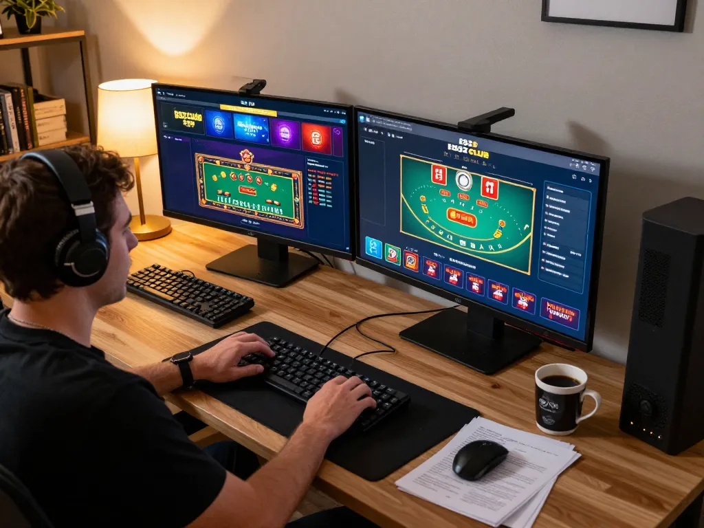 Player strategizing on B52 Club with multiple screens of casino games in a cozy home office.