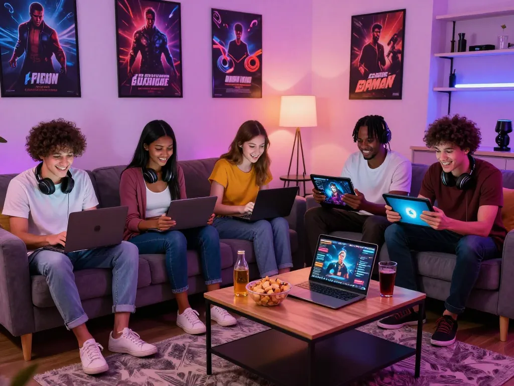 Group of friends joyfully playing online porn games in a cozy living room