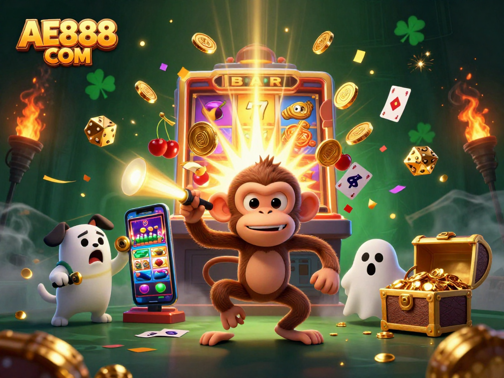 Engaging online gambling scene showcasing AE888 COM with a magical monkey juggling prizes in a vibrant casino atmosphere.