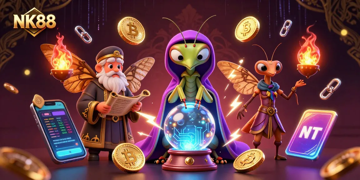 Join the mystical world of NK88 with a praying mantis fortune teller and moth librarian amid crypto symbols.