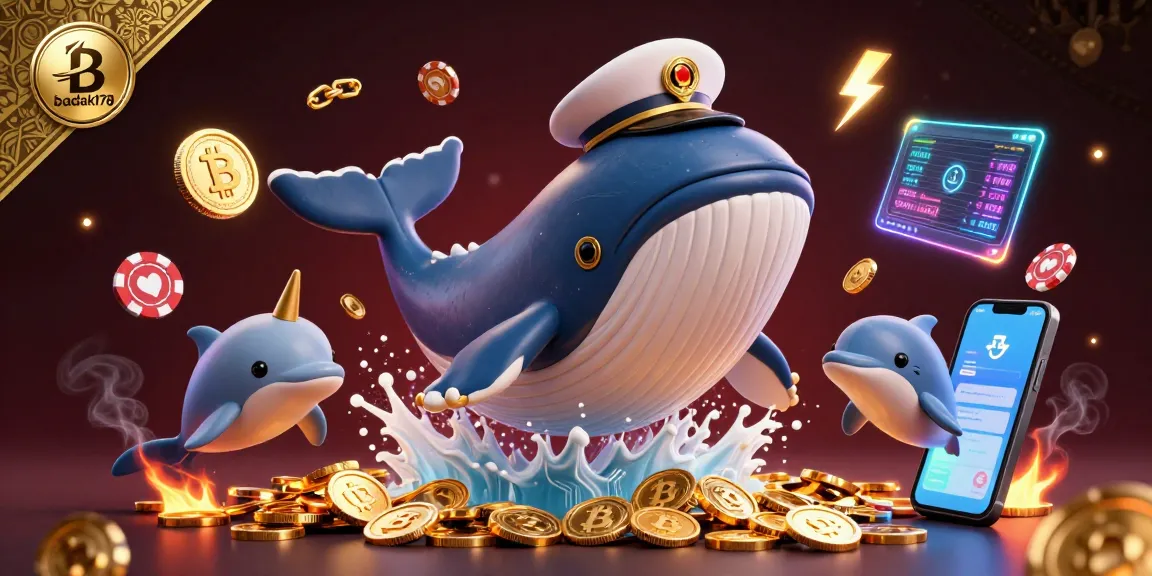 Engage with badak178's exciting crypto casino experience, featuring a whale breaching coins and dolphins with poker chips.