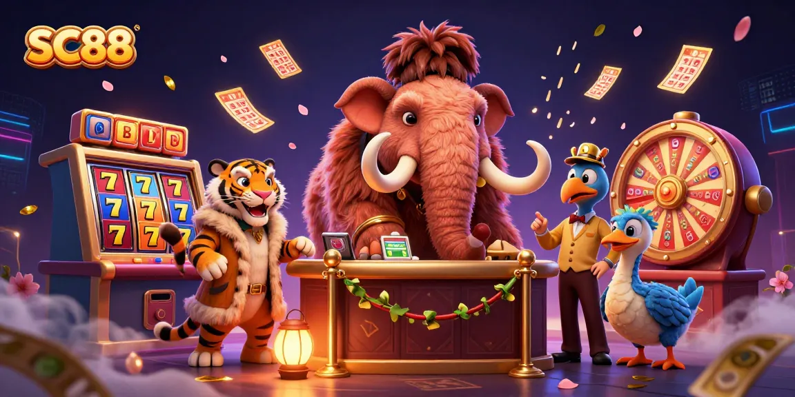 Spin the reels with SC88, where a mammoth bouncer and tiger guest enjoy jackpot delights amidst vibrant casino elements.