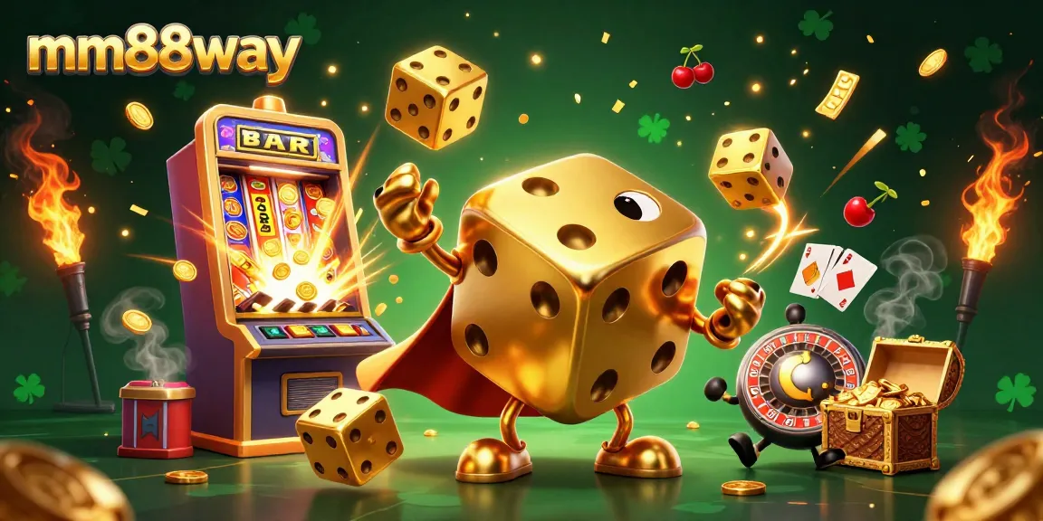 Engage with mm88way's dazzling gaming universe through an enchanting illustration of a golden dice golem amidst a jackpot explosion.