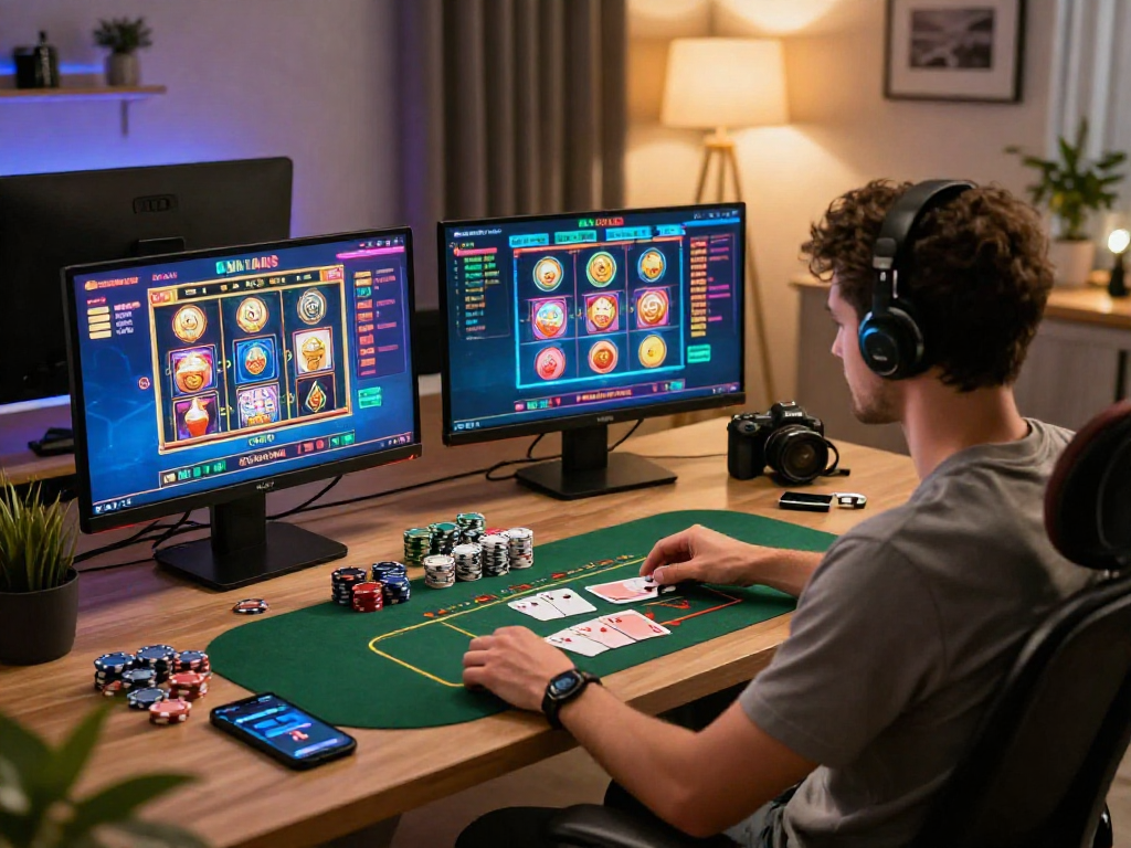 I migliori casino non AAMS: Giocatore emozionato in un moderno ufficio di casa, circondato da schermi che mostrano slot e tavoli da gioco.