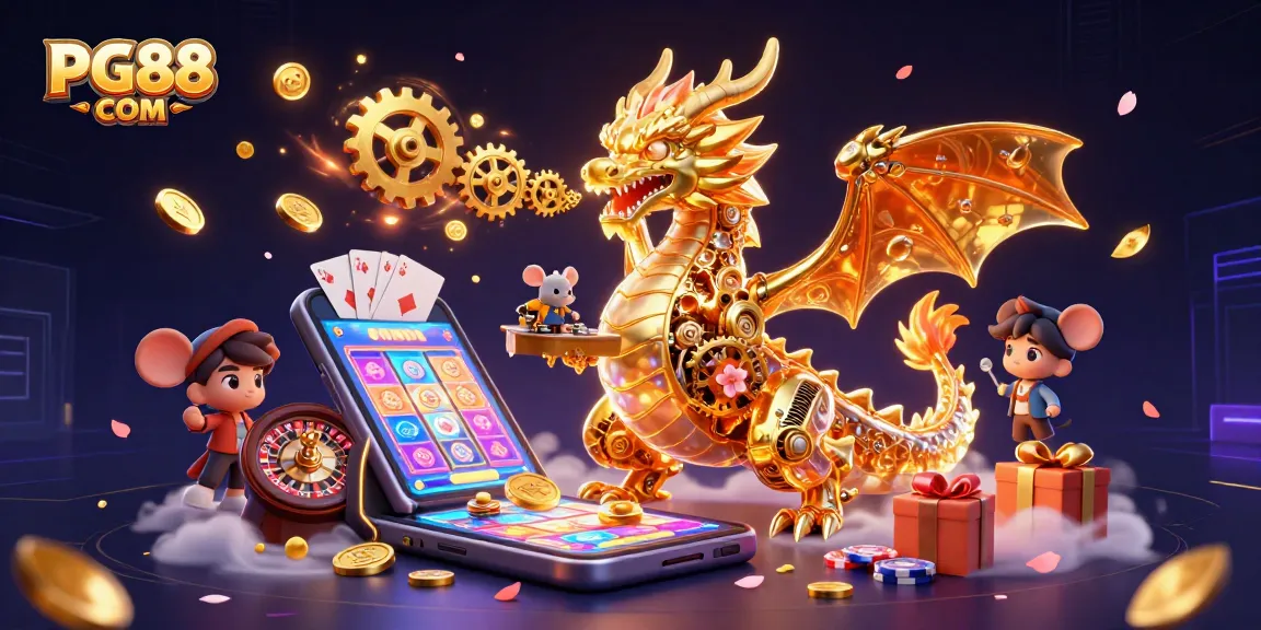 Experience thrilling slots and jackpots with PG88 COM in a vibrant 3D casino scene.