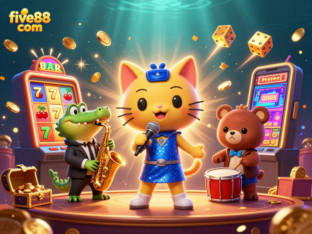 Experience the excitement at five88 com with vibrant gaming scenes featuring slots and playful characters.