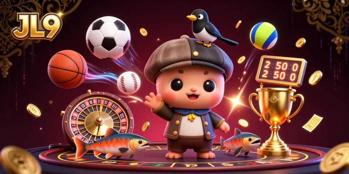 JL9's engaging and dynamic online casino scene featuring a playful baby Nessie and vibrant casino elements.