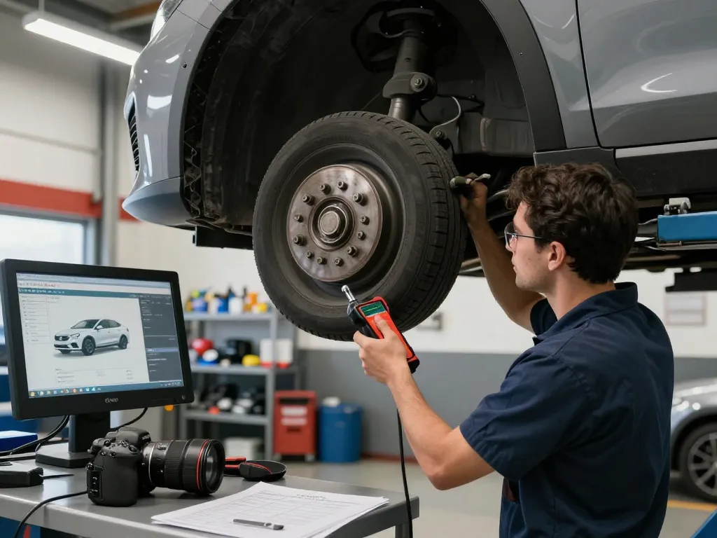 Turo inspection near me being conducted by a technician in an automotive garage, showcasing professional vehicle care.