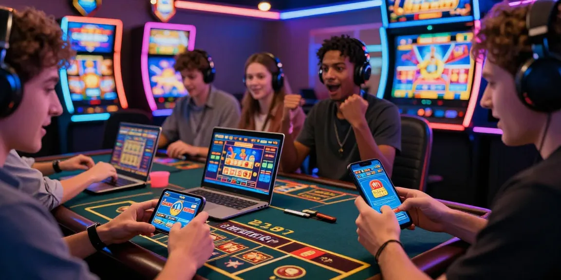 Dynamische Spielatmosphäre mit Spielern, die Geräte in einem Paysafe Card Casino verwenden, und dabei Aufregung und lebendige digitale Atmosphäre zeigen.