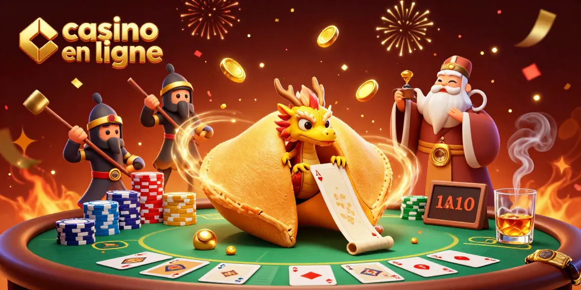 Participez au casino en ligne avec ce dragon sage et un biscuit porte-bonheur, entouré de jeux de cartes.