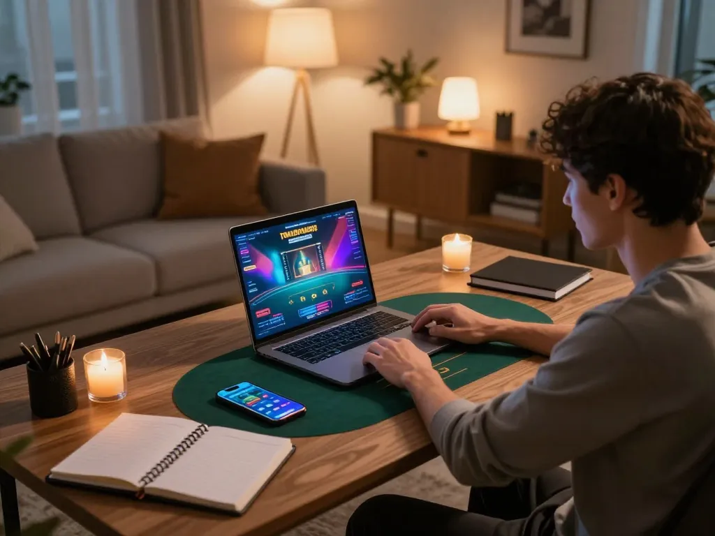 Le casino en ligne qui paye le plus met en avant un joueur en train de planifier dans un cadre de jeu à domicile haut de gamme, mettant en valeur l'excitation du poker en ligne.