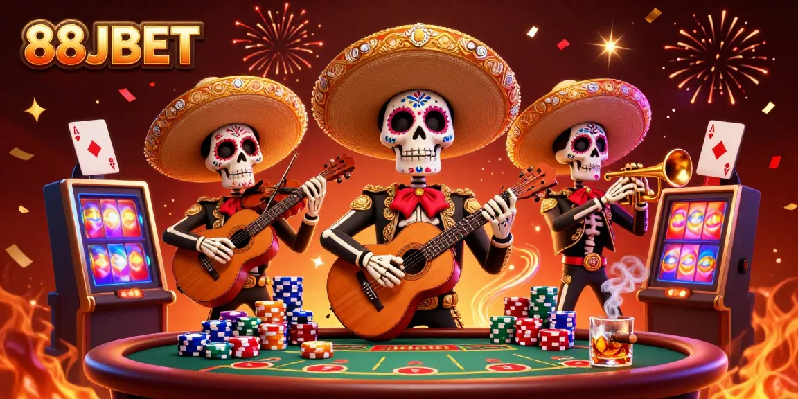 Experience exciting games at 88JBET, featuring colorful casino elements and a lively mariachi band.