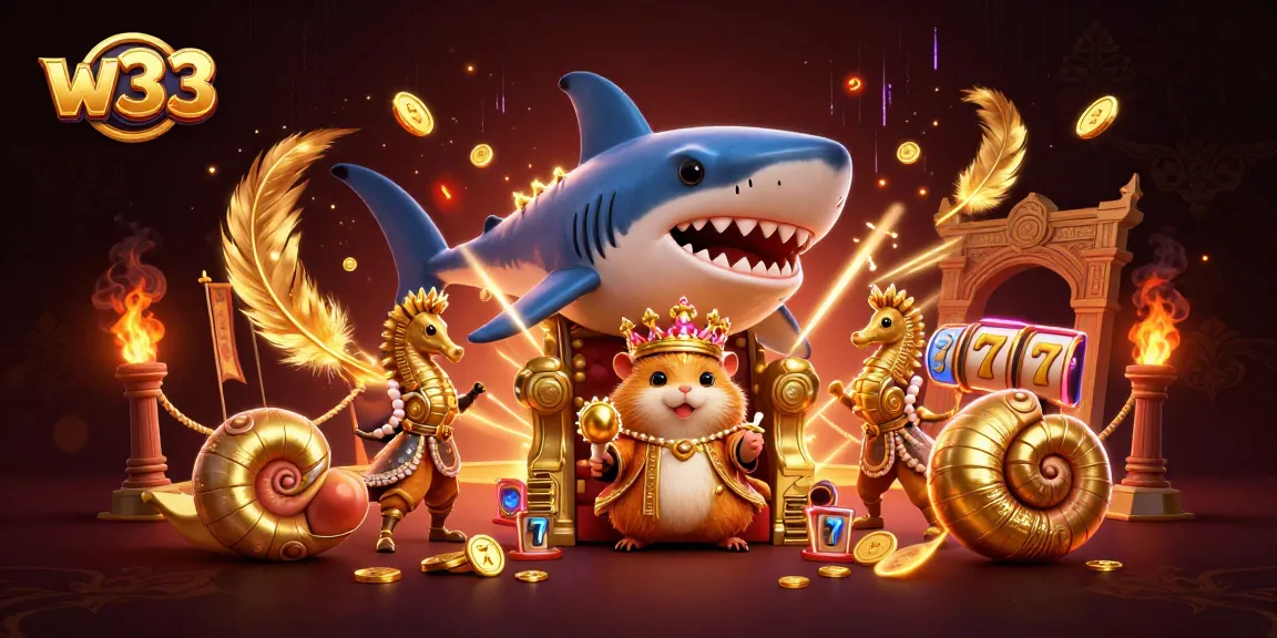 Experience the vibrant w33 casino atmosphere with a royal hamster king, thrilling slot reels, and gold coins.