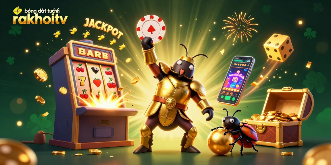 Experience bóng đá trực tuyến rakhoitv with vibrant characters celebrating a jackpot amidst dynamic casino elements.