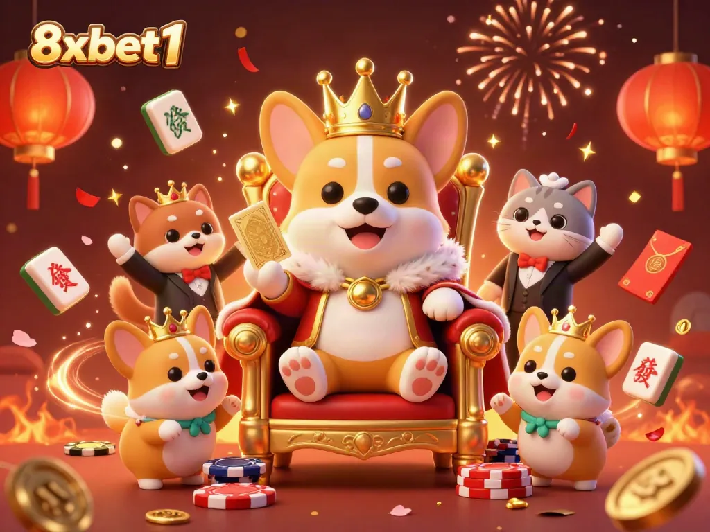 Experience excitement at 8xbet1 with the royal corgi on a poker chip throne amidst immersive gaming elements.