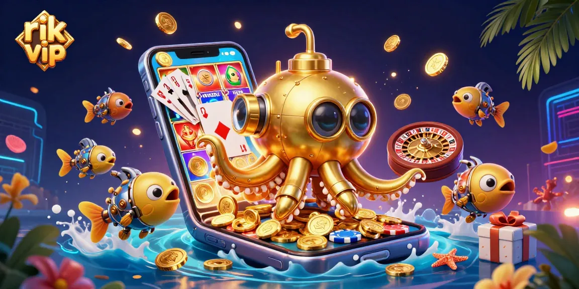 Experience the thrill of rik vip with a vibrant underwater scene of a golden kraken, casino actions, and treasures.