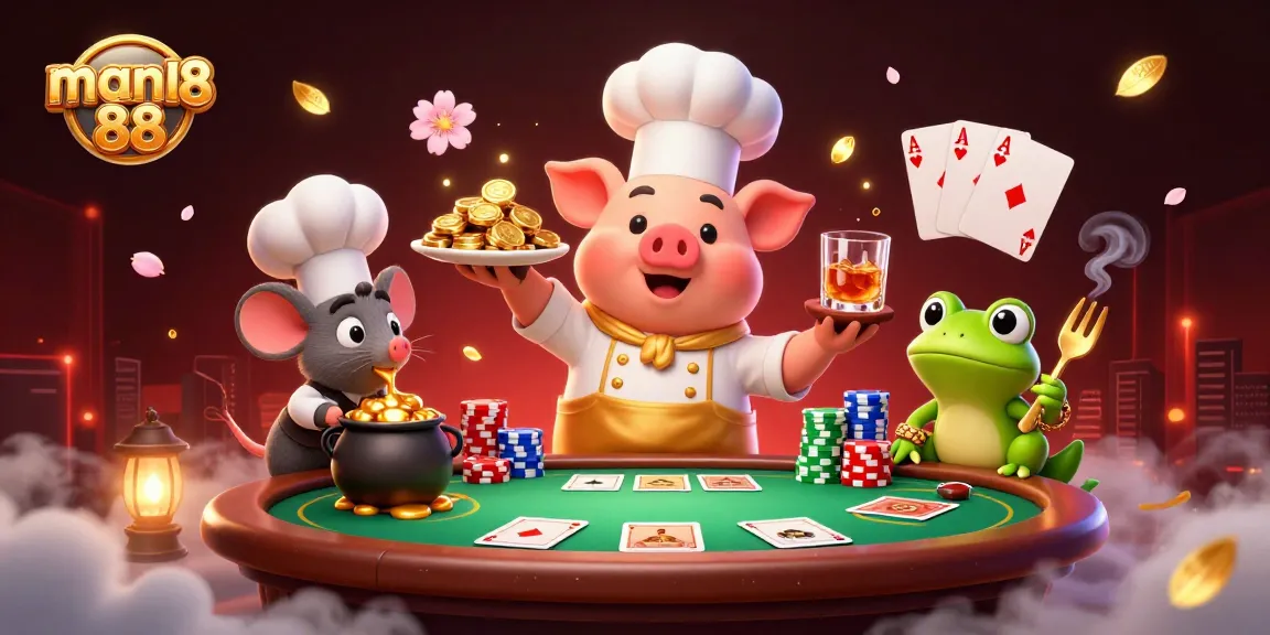 man88 showcases a lively gambling scene with a chef, sous-chef, and critic enjoying gold coins and poker