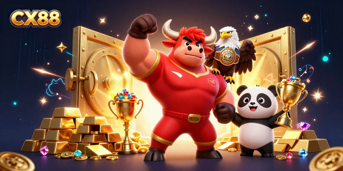 Experience thrilling wins at CX88 with a vibrant illustration showcasing a victorious bull mascot and precious casino treasures.