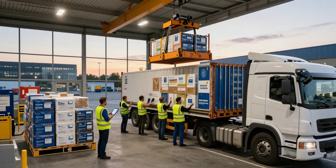 LKW Spedition in Dortmund: Logistikzentrum mit einem Unterhaltungstruck, der mit Frachtcontainern beladen wird, während ein Team von Fachleuten die Ladung überwacht.