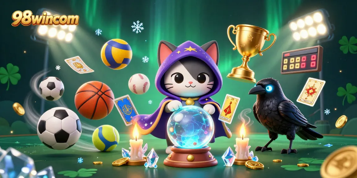 Engage with 98wincom's vibrant 3D casino scene featuring a mystical fortune teller and dynamic sports elements.