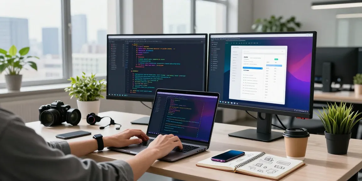 快连 technology workspace with vibrant coding on monitors, depicting a developer's productive environment.