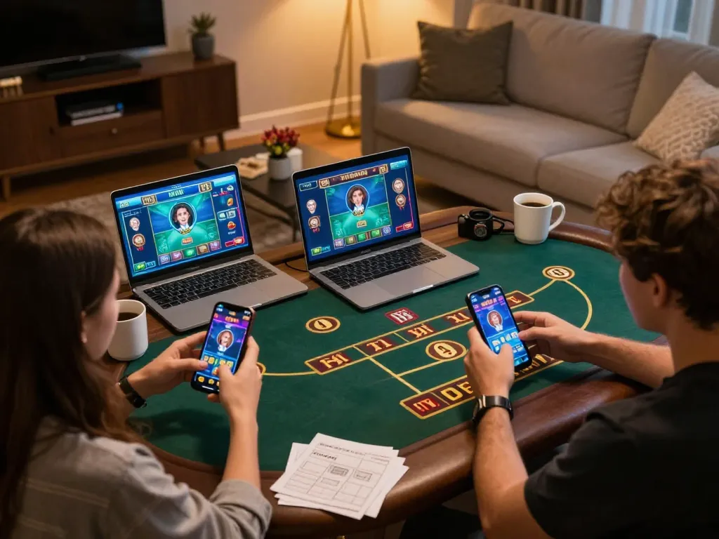 Engaging in app tài xỉu online excitement with players celebrating wins at home, showcasing vibrant game screens.