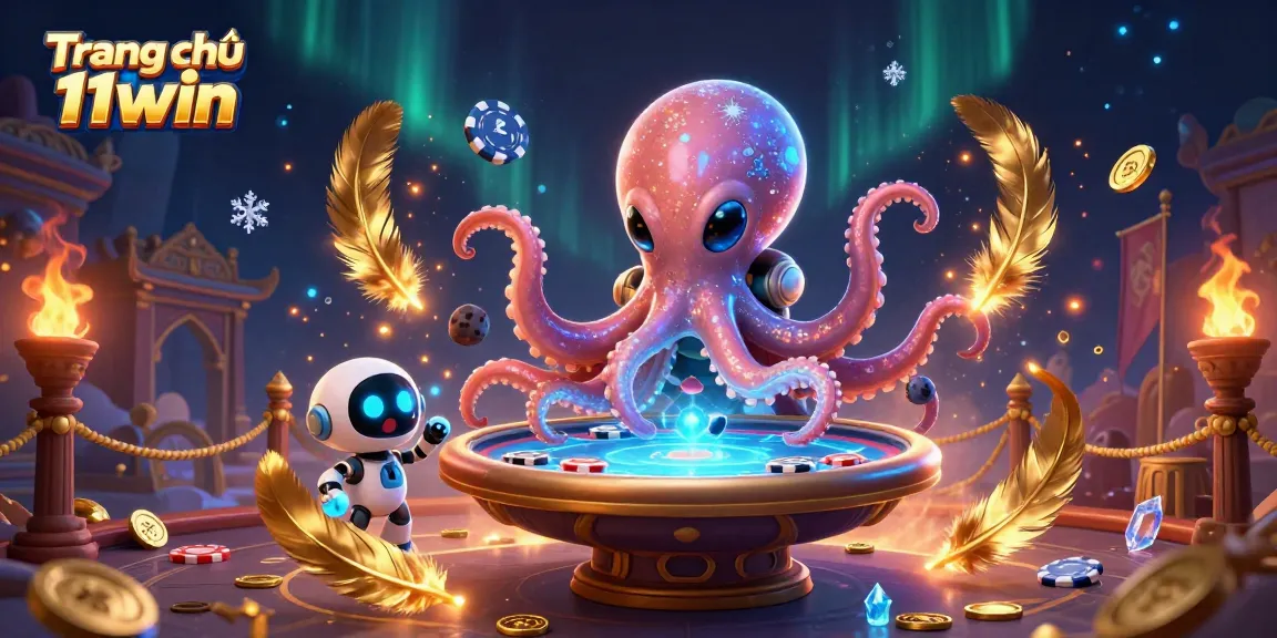Play exciting games at Trang chủ 11win, where a vibrant alien octopus operates a poker table surrounded by stunning visuals.