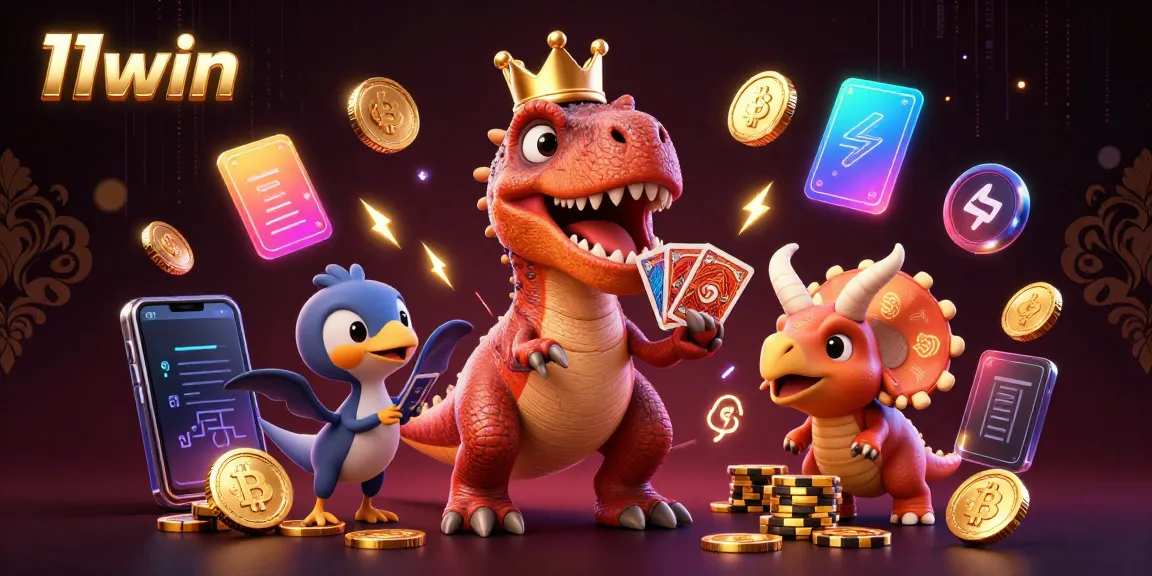 Enjoy thrilling card games with 11win in a fun and colorful casino setting featuring a T-Rex and friends.