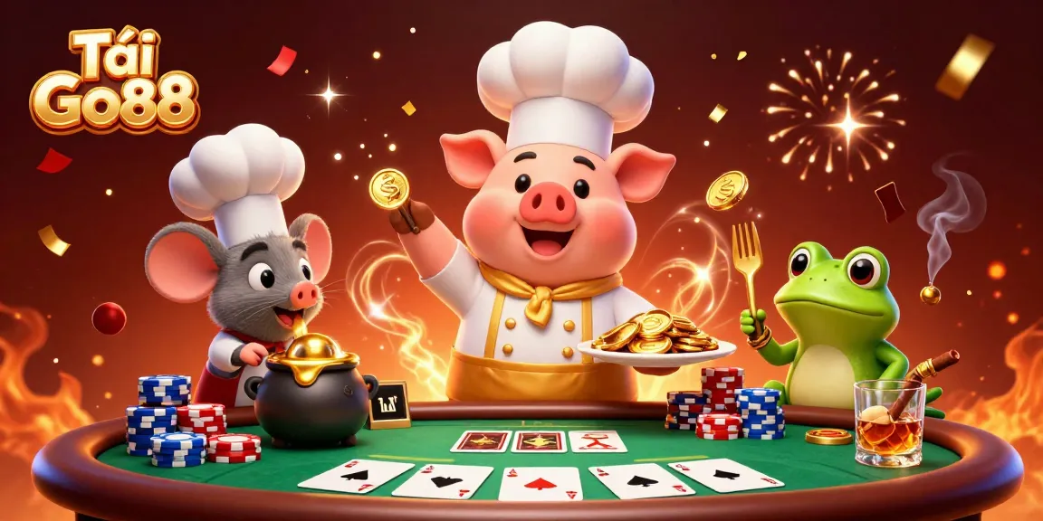 Exciting illustration showing Tải Go88 with a chef pig serving gold coins, poker elements, and vibrant atmosphere.