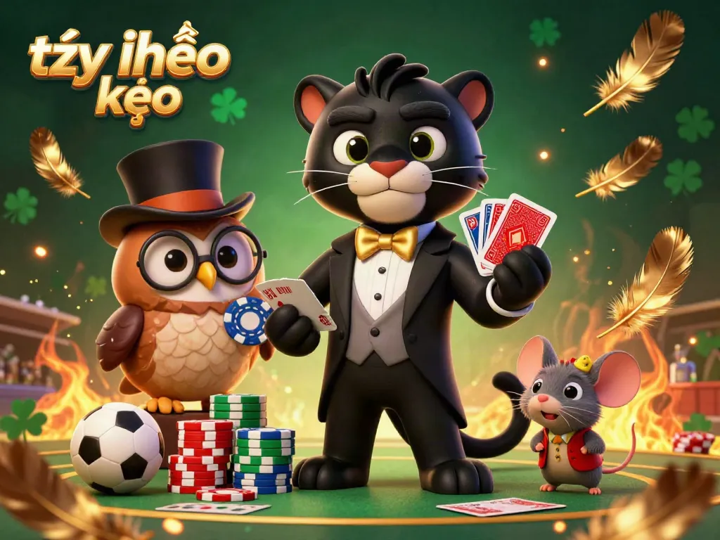 Engaging scene of tỷ lệ kèo with a black panther dealing cards and an owl holding poker chips, creating an exciting betting atmosphere.