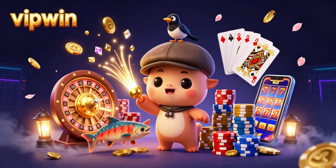 Join the excitement at vipwin, where cute characters delight and golden coins cascade in a vibrant casino scene.