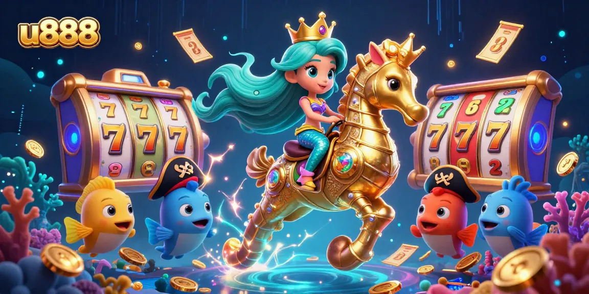 Experience exciting wins with u888 in a vibrant underwater casino illustration, packed with slot games and colorful characters.