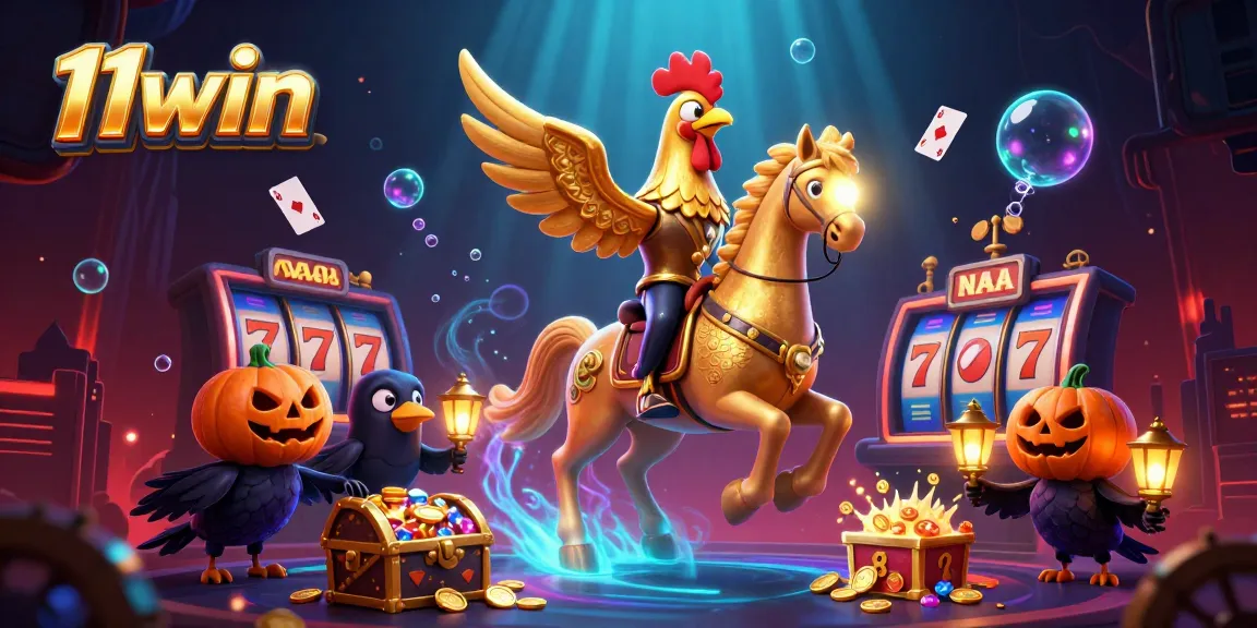 Experience the vibrant casino world of 11win with its dynamic golden rooster riding through a jackpot-filled adventure.