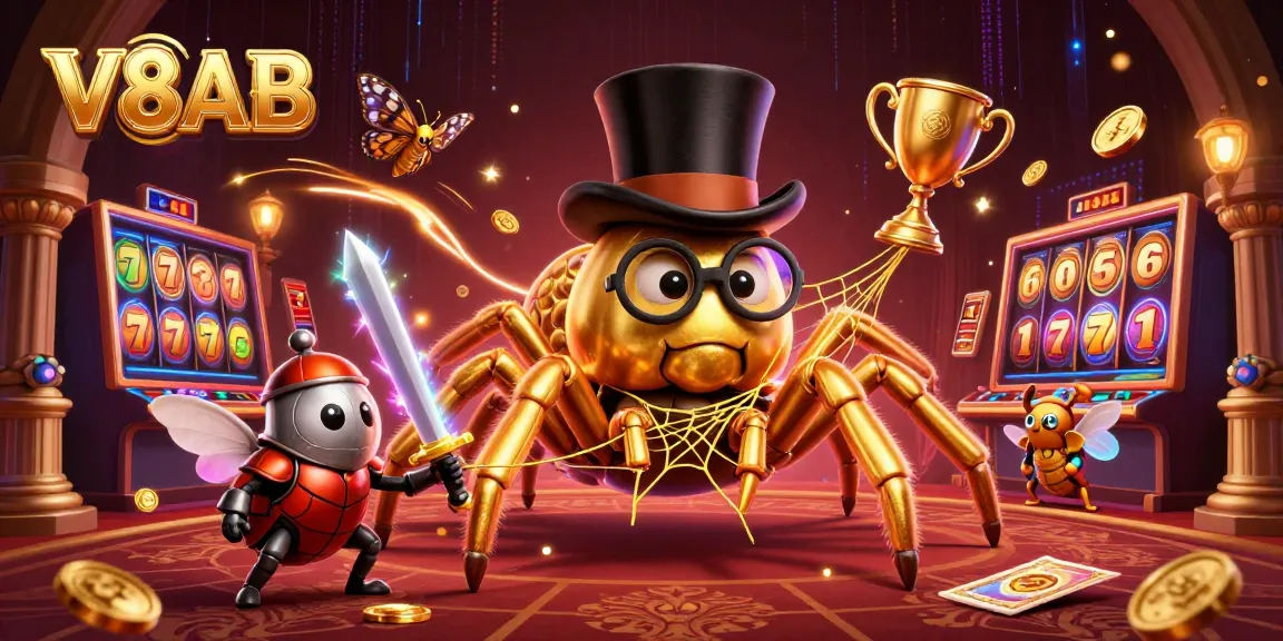 Engage in thrilling slots action at V8AB with vibrant illustrations featuring a golden tarantula and beetle knight.