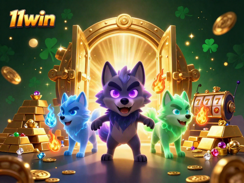 Win big at 11win with an epic illustration of a wolf pack leader and treasure elements in a vibrant casino scene.