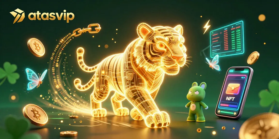 Experience thrilling fun with atasvip’s immersive digital casino scene featuring a luminous tiger and crypto coins.