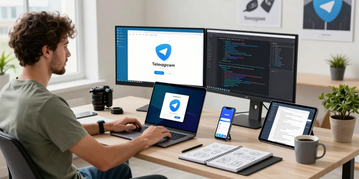Experience seamless communication with Telegram Download on a modern tech workspace featuring dual monitors and a sleek setup.