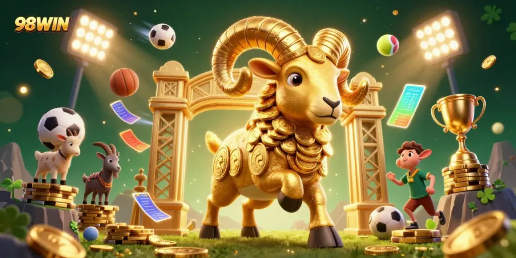 Experience the excitement of 98WIN through a vibrant 3D casino scene featuring thrilling sports and prizes.