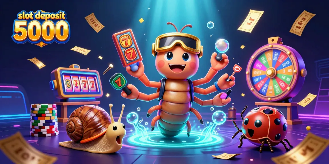 Slot deposit 5000 dengan karakter dealer dan simbol slot dalam ilustrasi 3D yang dinamis