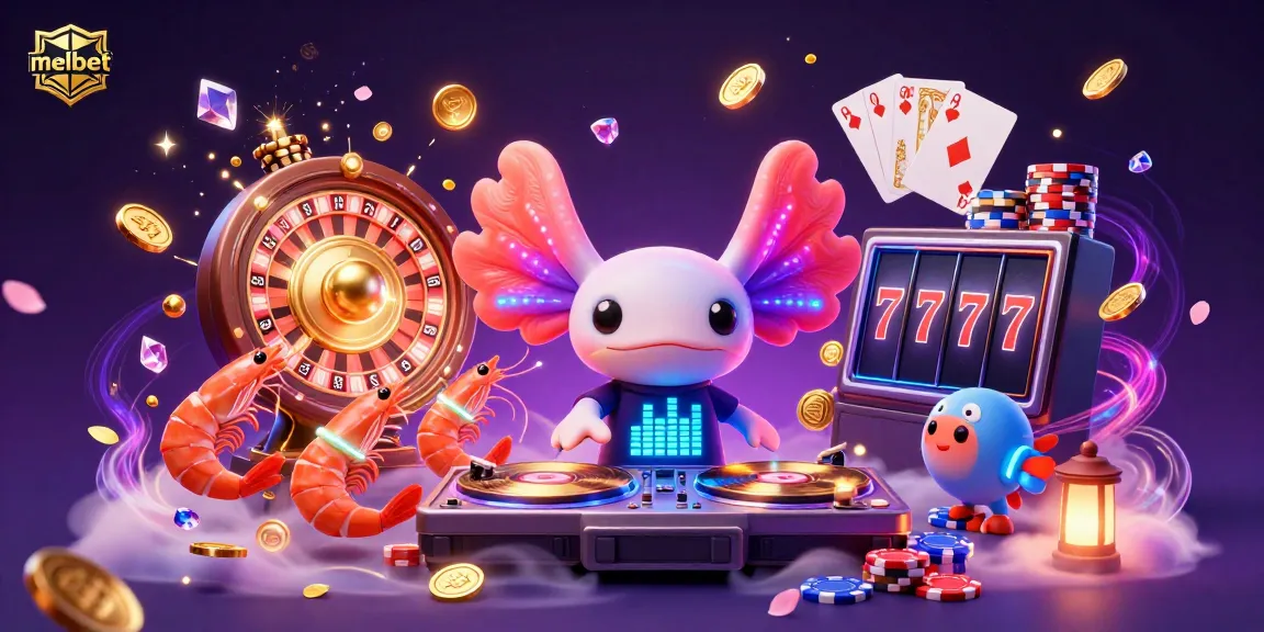Engage with melbet's exciting gaming scene featuring a DJ axolotl and vibrant casino elements.