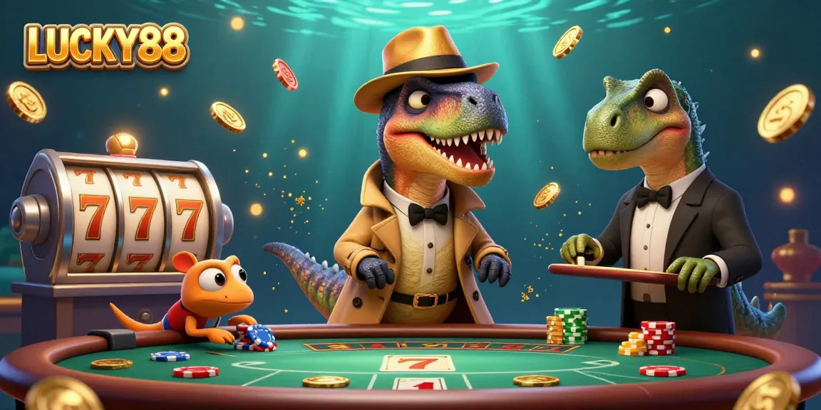 Experience the excitement of LUCKY88 with a vibrant 3D illustration featuring a velociraptor at a blackjack table
