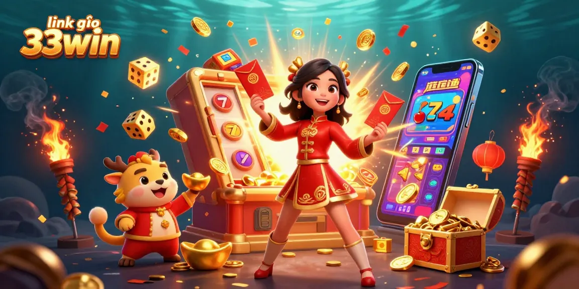 Engage with link vào 33win in this vibrant 3D illustration showcasing a festive casino scene, filled with slots, golden elements, and interactive games.