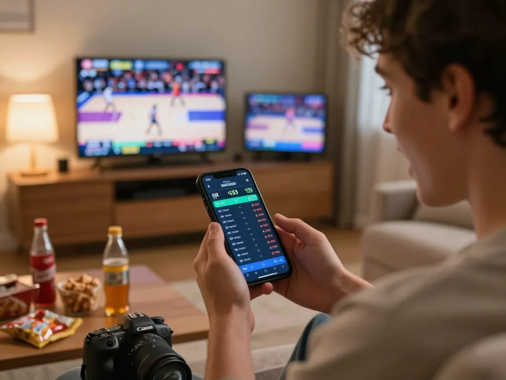 Engaged sports bettor analyzing live odds and basketball game stats using rr88 app on smartphone.